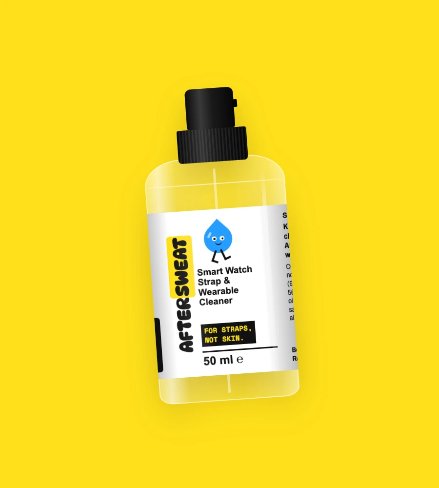 AFTERSWEAT bottle illustration with a black pump, yellow wordmark and blue drop